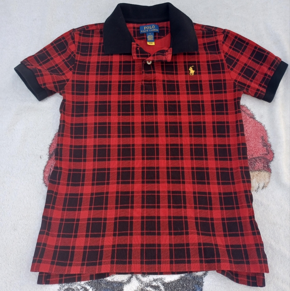 POLO Ralph Lauren YOUTH Boys 7 Red Black Gold Pony Buffalo Plaid Short Sleeve